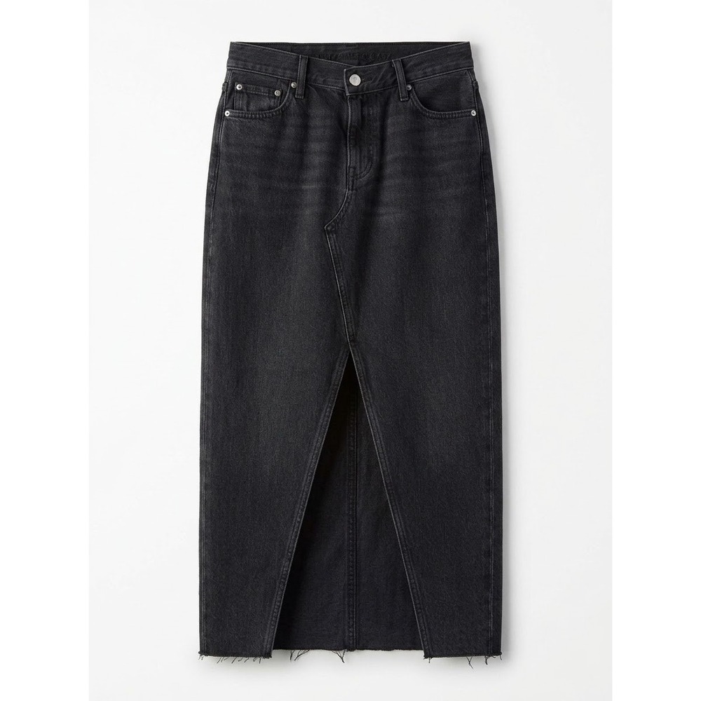 American Eagle Denim Maxi Skirt Women 0 Black Front Slit Frayed Hem V-Button Fly
